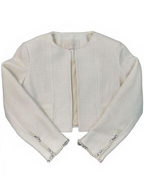 Beymen Ivory Cotton Tweed Style Cropped Jacket Blazer w/ Pearls and Rhinestones